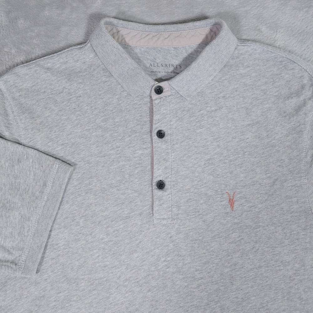 AllSaints Cooper Slim Fit Polo Shirt Mens M Gray Pink Ramskull Cotton MF043Q